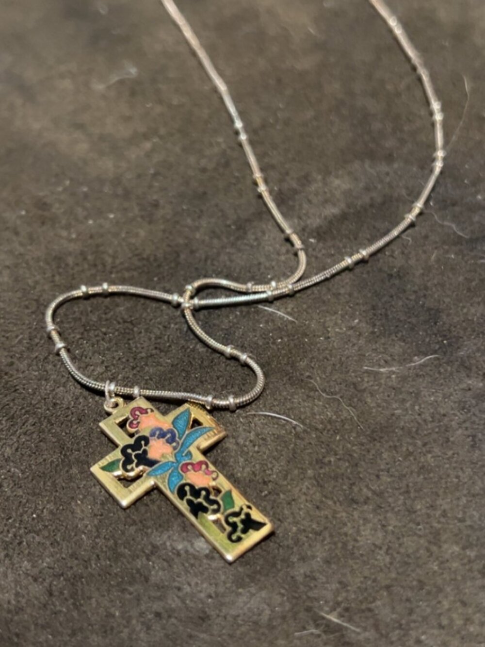 Vintage floral enamel cross pendant necklace